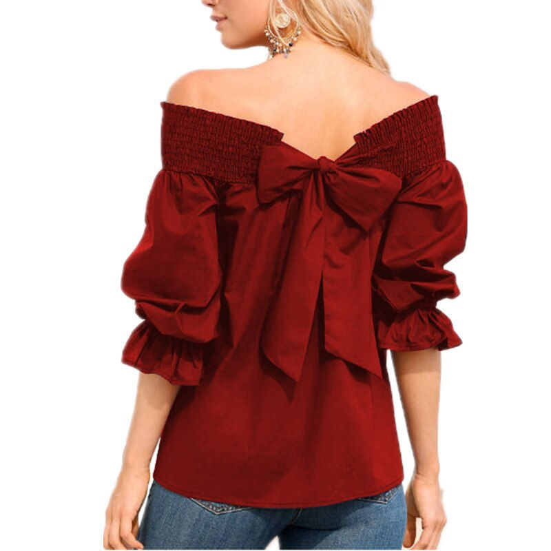 Thumbnail: Loose Off Shoulder Bowknot Slash Blouse 