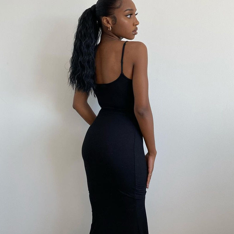 Thumbnail: Sleeveless Fish Tail Solid Color Spaghetti Strap Bodycon Long Skirt Dress