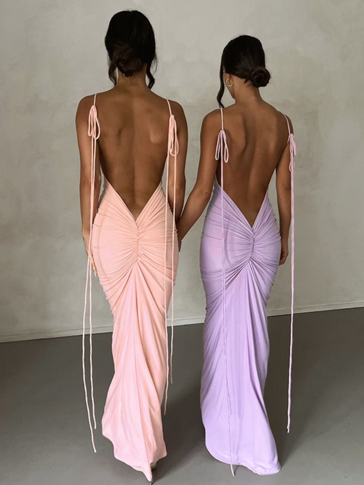 Runched Spaghetti Strap Backless Maxi Dress