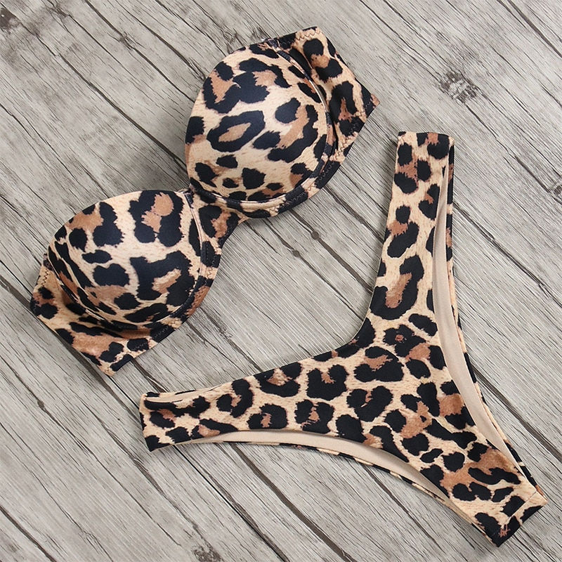 Brazilian Leopard Print Swimsuit wiht Push-up Bra Bikini Set Two Piece