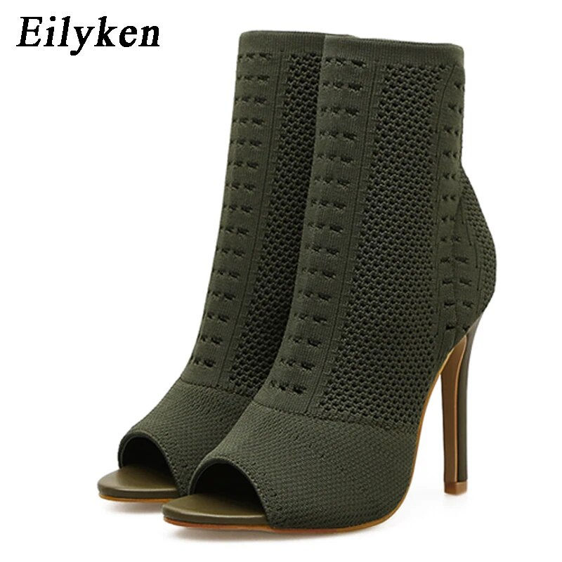 Knit Elastic Sock Open Toe High HeelsAnkle Boots