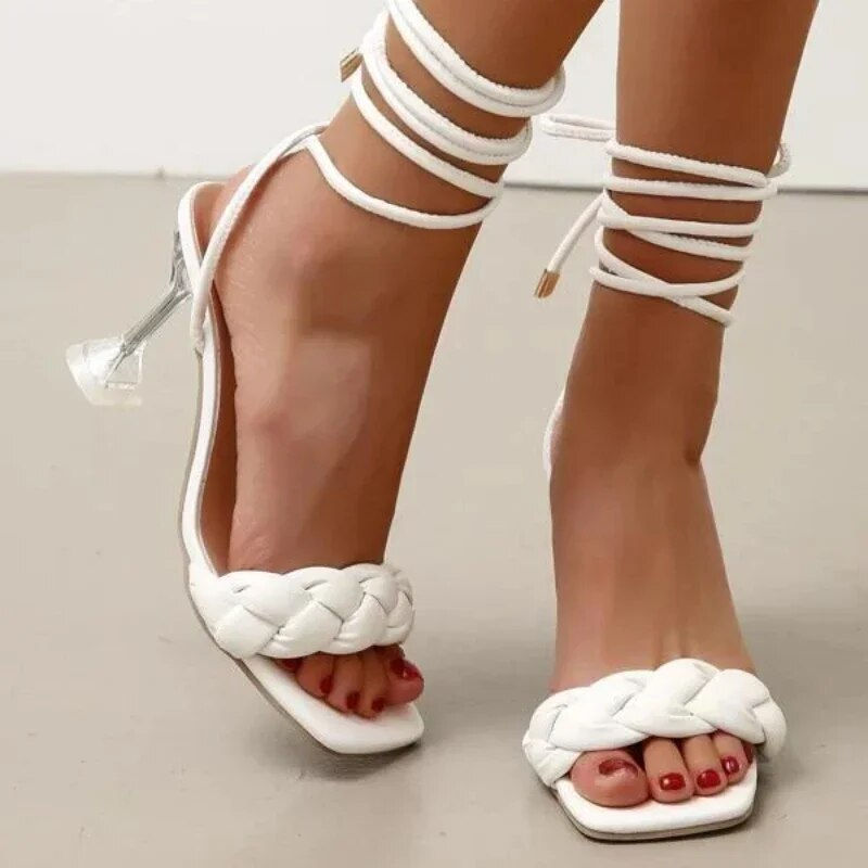 Lace Up Solid Braid Open Toe High Heels