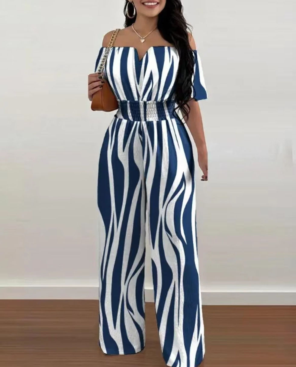 Thumbnail: Printed Wide Leg Off-Shoulder High Waist Jumpsuit 