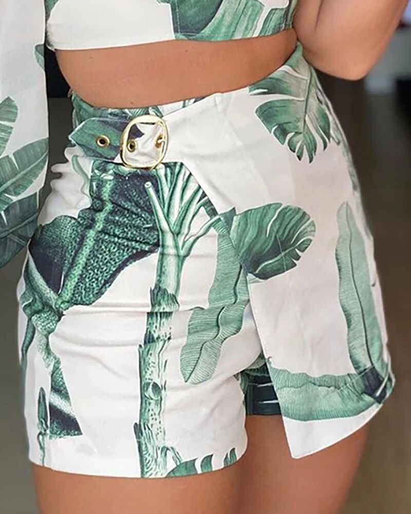 Thumbnail: Tropical Printed Leaf Design Asymmetric Long Sleeve Top and Skirt Two Piece