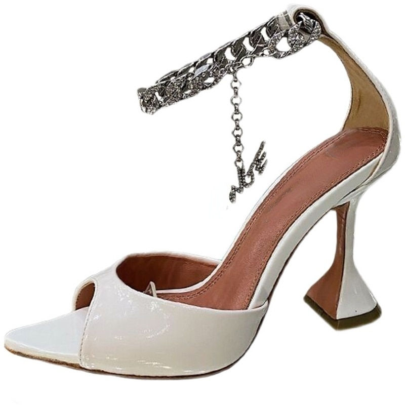Patent Leather Open Toe with Rhinestone Ankle Chain and Wine Cup High Heel