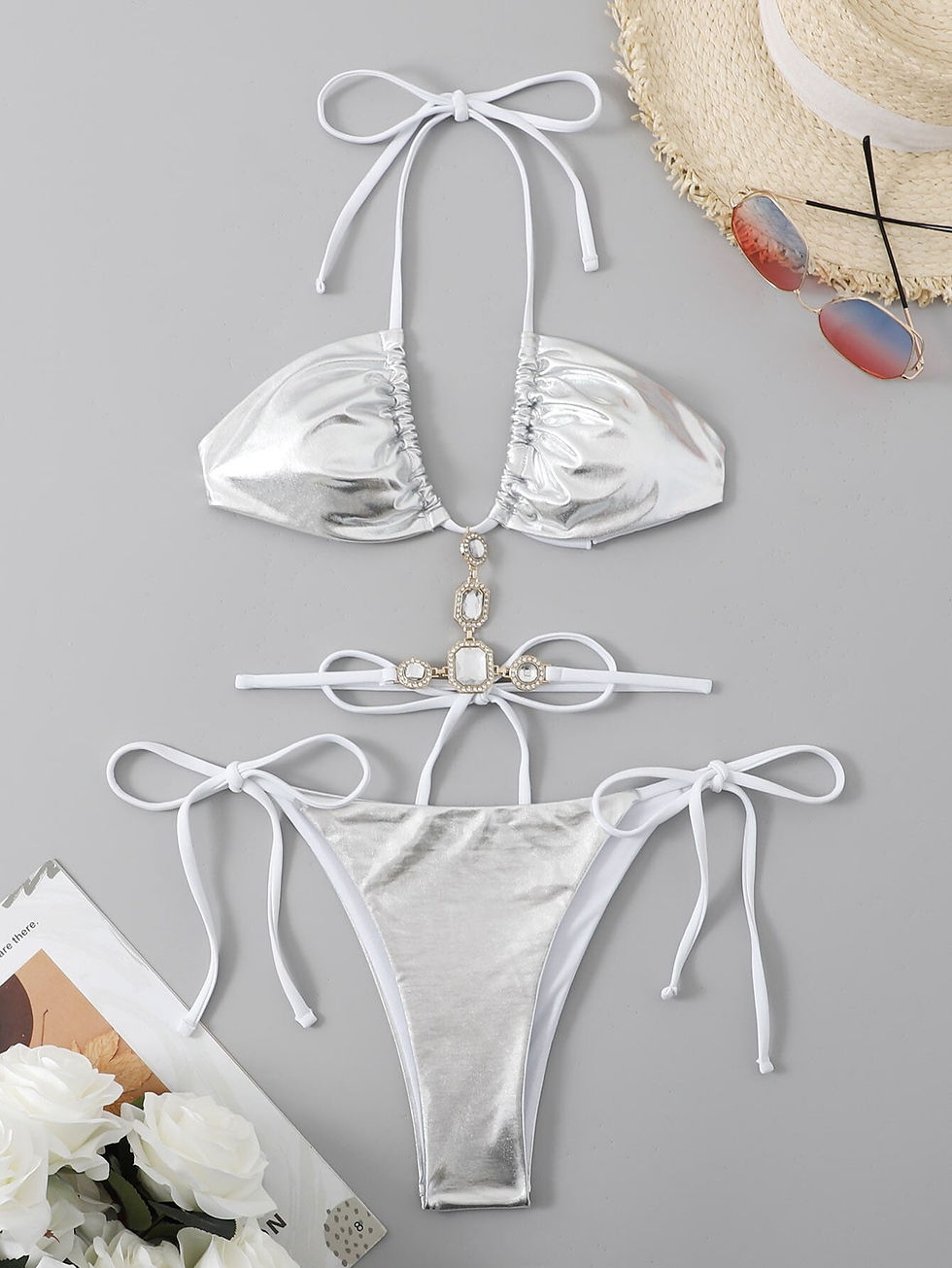 Thumbnail: Shiny Silver Metallic Micro Thong String Swimsuit 
