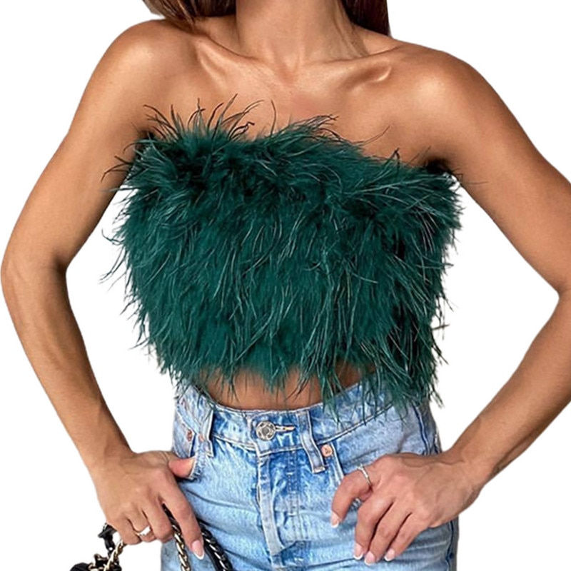 Thumbnail: Artificial Fur Feather V Strapless Tube Tops 