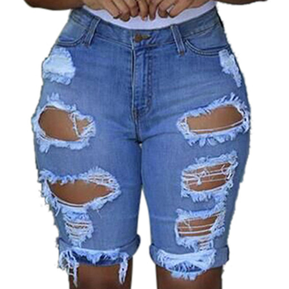Elastic Ripped Hole Denim Short