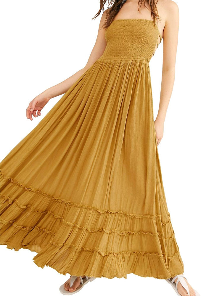 Thumbnail: Strapless Ruffle Lace Up Boho Maxi Long Dress