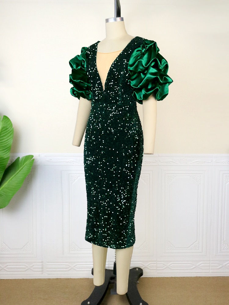 Thumbnail: Sequin Bodycon Deep V Neck Puff Sleeve Vintage Velvet Tight Midi Dress