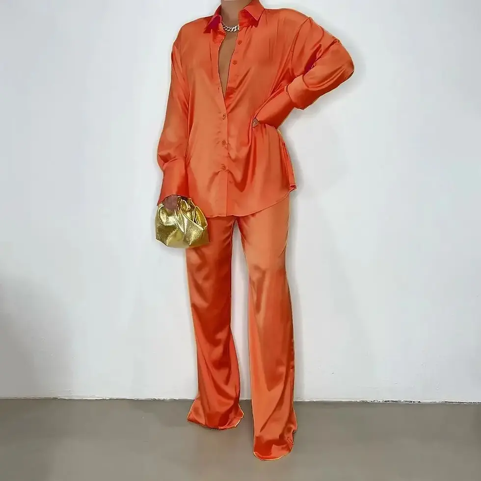 Thumbnail: Elegant Satin Solid Loose Long Sleeve Shirt and Straight Pants Two Piece
