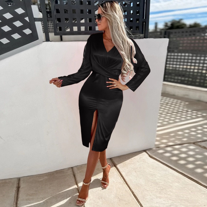 Thumbnail: Satin One Shoulder and Short Sleeve Ruched High Split Satin Dress