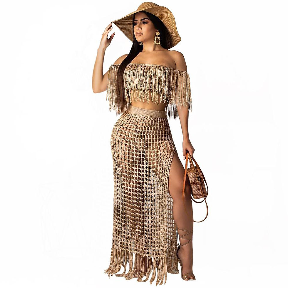 Knit and Tassel Top with High Slit Long Skirt Cover Up Two Piece