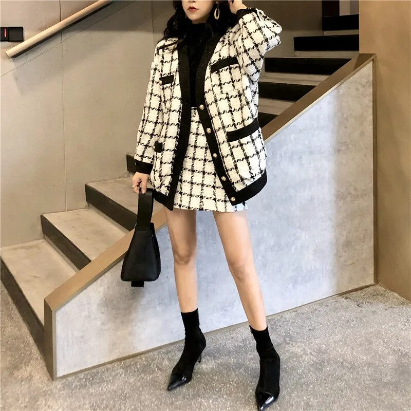 Thumbnail: Long Sleeve Tweed Wool Jacket Coat+Mini Wool Skirt Set 
