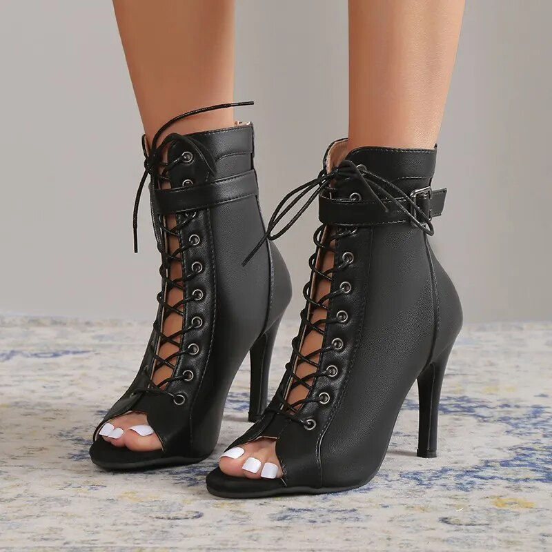 Open Toe Lace Up Soft Bottom High Heel Ankle Boot