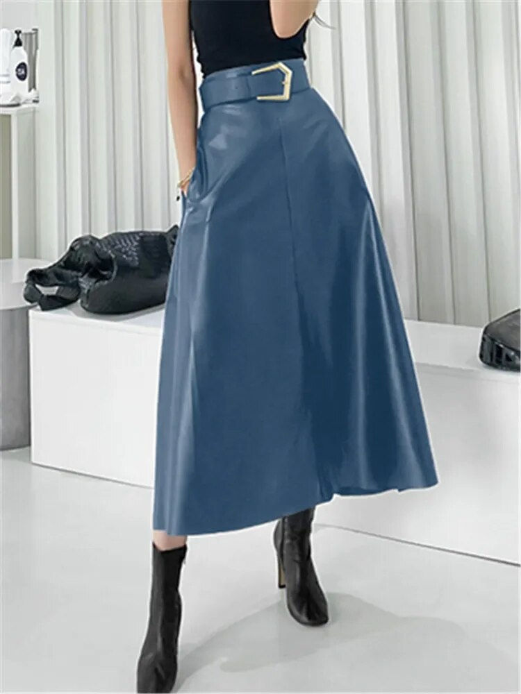 Thumbnail: Black Faux PU Leather with Belt and High Waist Umbrella Skirt 