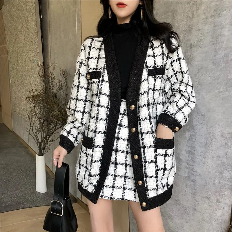 Long Sleeve Tweed Wool Jacket Coat+Mini Wool Skirt Set