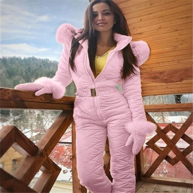 Thumbnail: Belted and Faux Trimmed Zippered Thick Outdoor Skisuit Jumpsuit