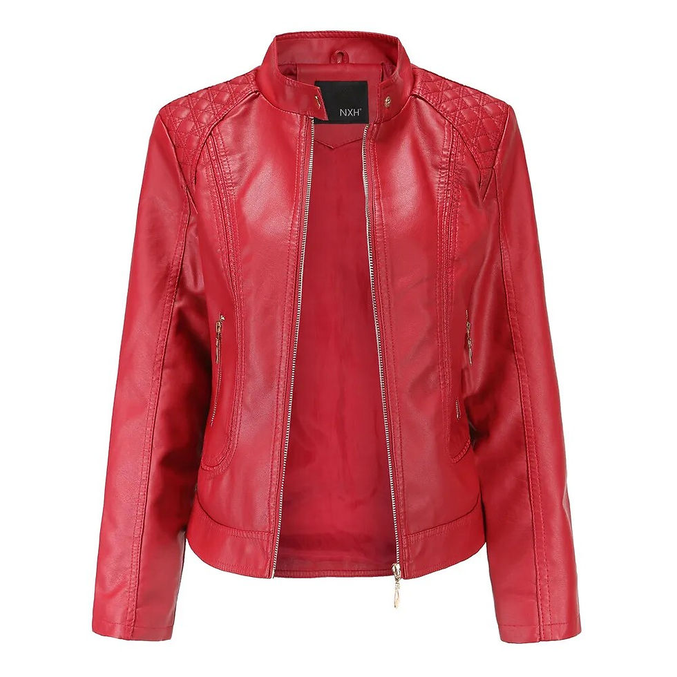 PU Leather Mandarin Collar Red Biker Jacket with Zippers