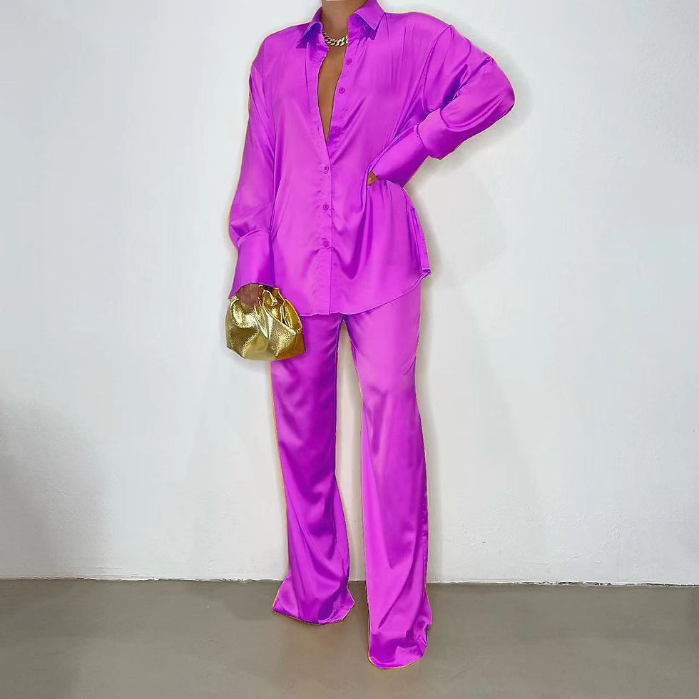 Thumbnail: Elegant Satin Solid Loose Long Sleeve Shirt and Straight Pants Two Piece