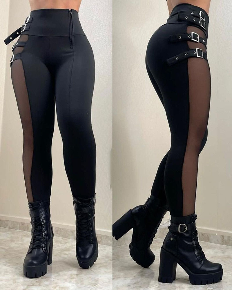 Mesh Patch Buckled High Waist Black Solid Color Ankle Length Pencil Pants