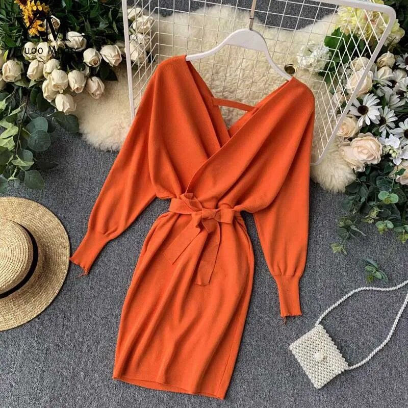 Thumbnail:  Knitted Long Batwing Sleeve V Neck Sweater Dress 