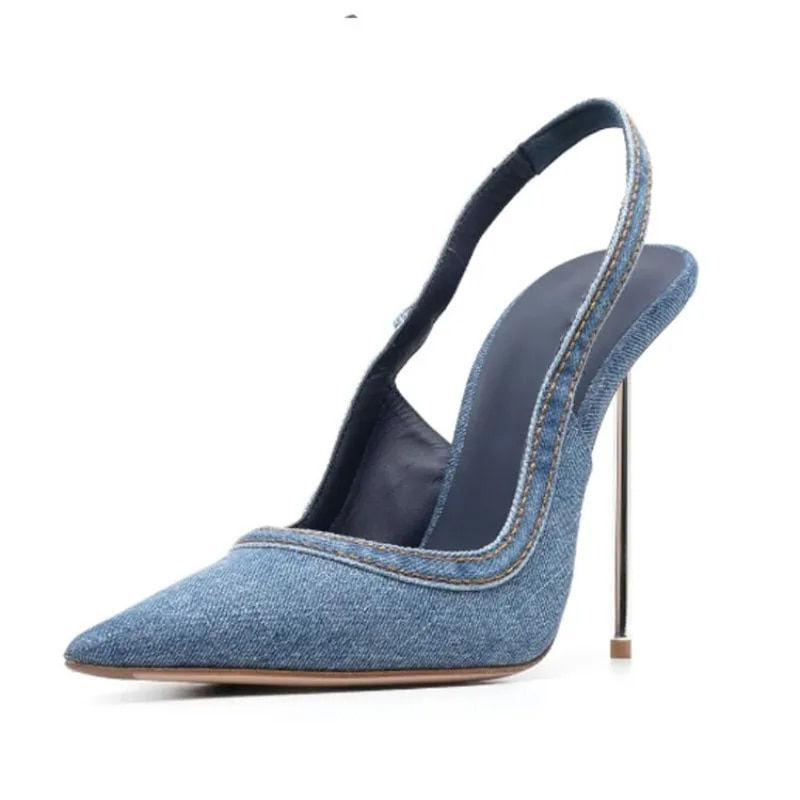 Blue Denim Pointed Toe Stiletto or Back Strap Shallow Mouth Stiletto