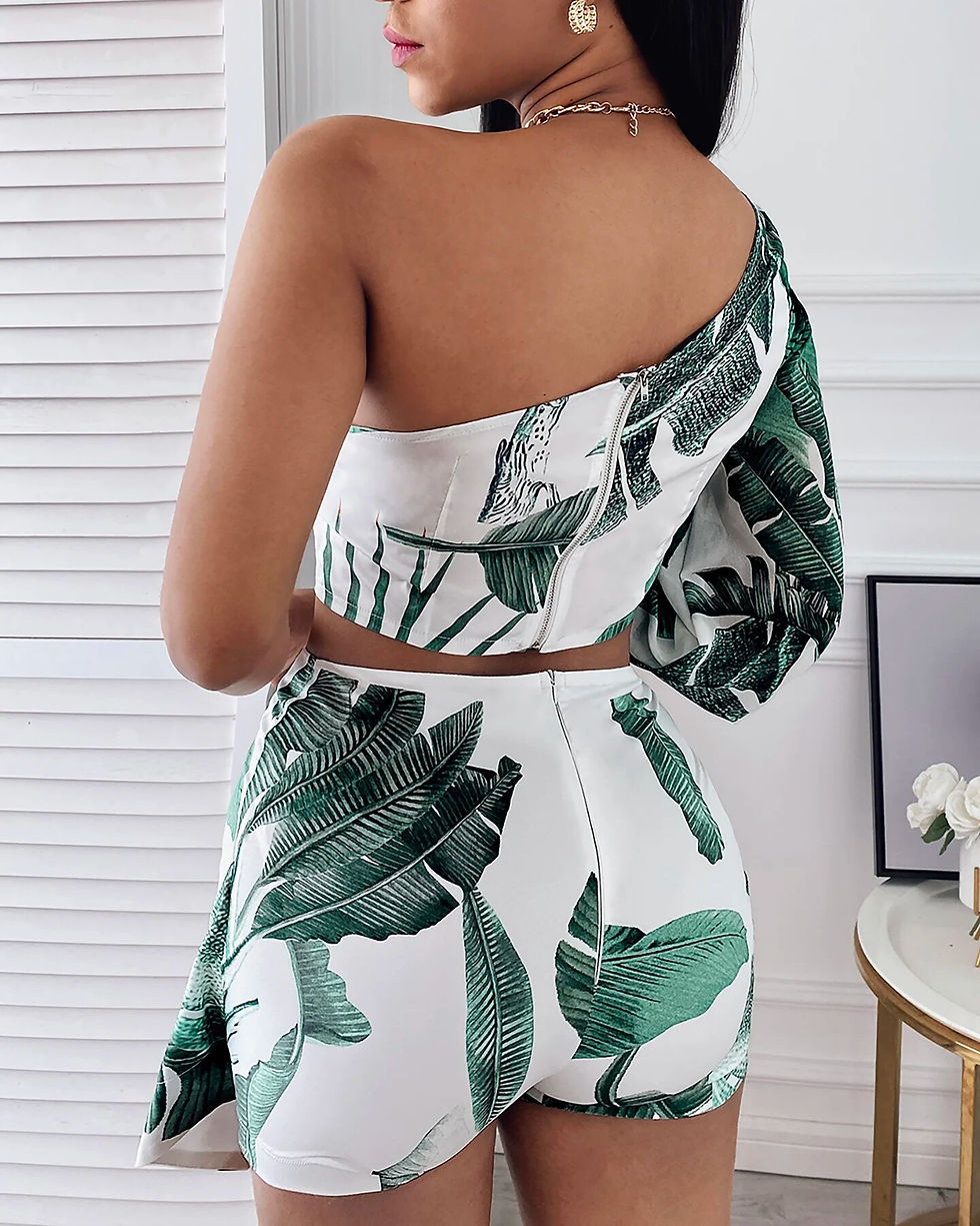 Thumbnail: Tropical Printed Leaf Design Asymmetric Long Sleeve Top and Skirt Two Piece