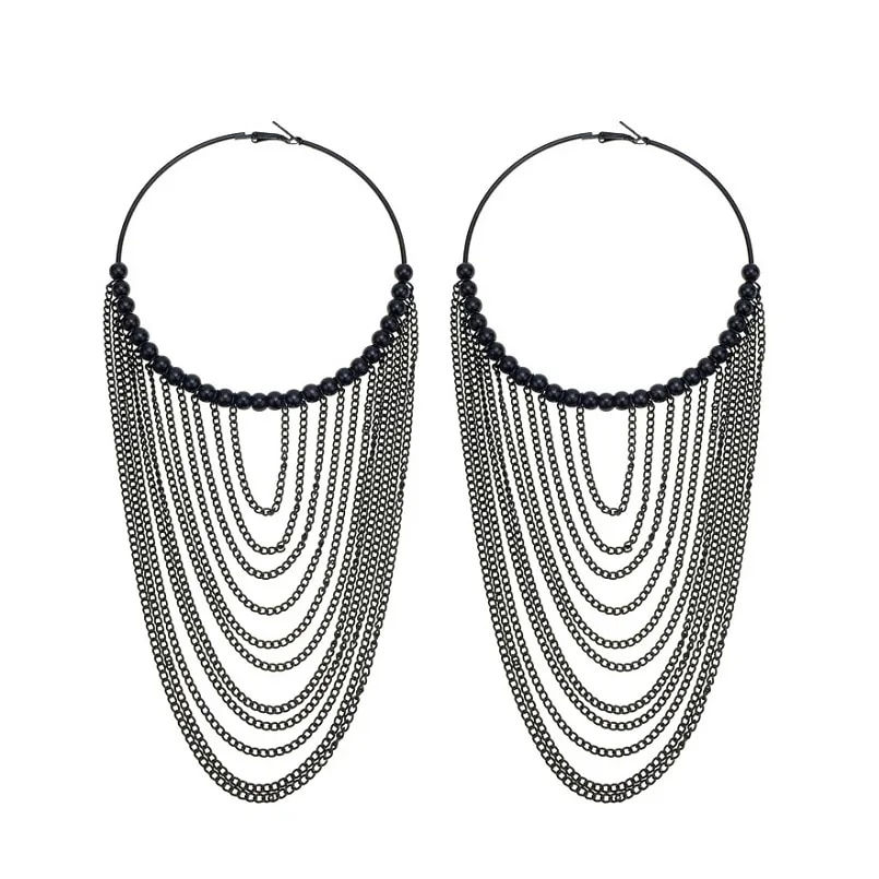 Thumbnail: Circular Metal Long Tassel Chain Dangle Earrings 