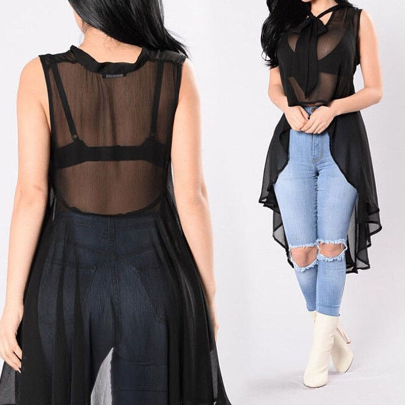 Sleeveless Solid Color Loose Sheer Long Blouse