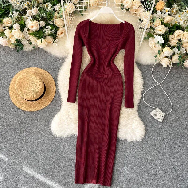 Thumbnail: Knitted Ribbed Bodycon Long Sleeve Midi Sweater Dress 