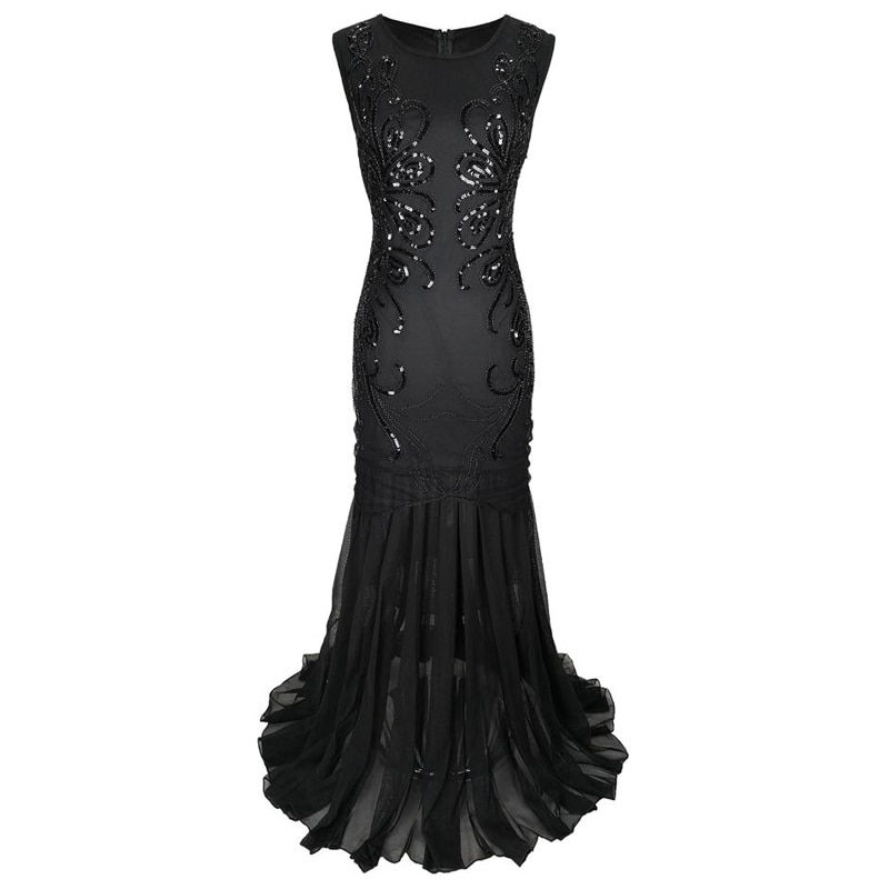 Thumbnail: Vintage O-Neck Sleeveless Beaded Sequin Mesh Mermaid Dress