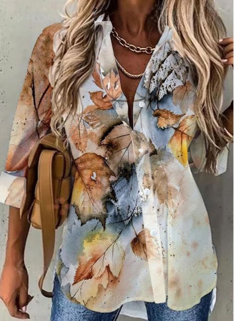 Thumbnail: Printed Loose Fit Long-Sleeved Buttoned Blouse