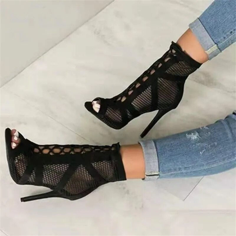 Thumbnail: Black Net Fabric Cross Strap Sexy Lace-up Peep Toe High Heel 