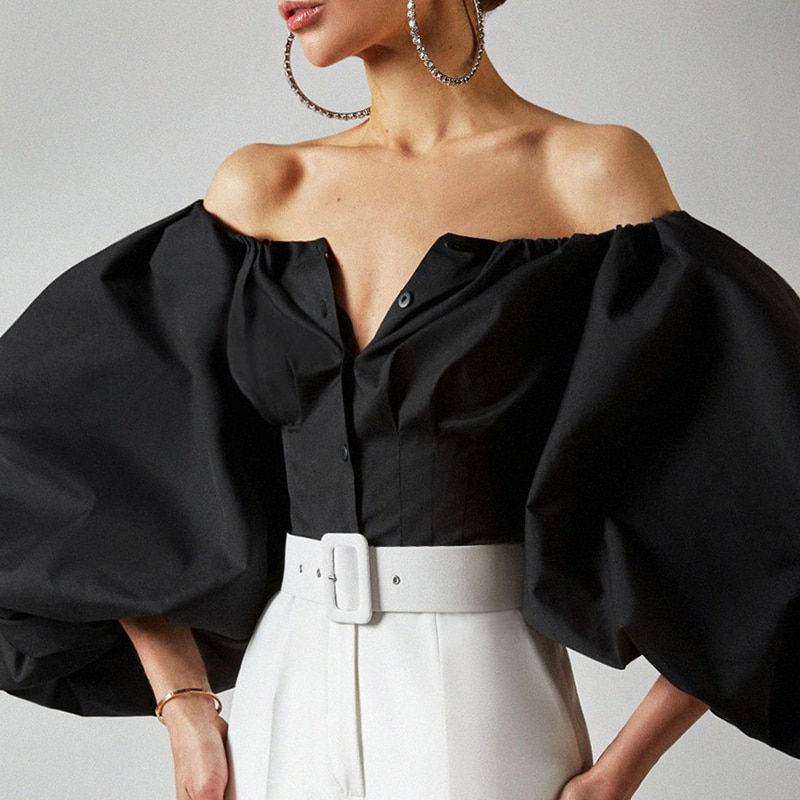 Thumbnail: Off Shoulder Lantern Sleeve Button Up Crop Top Blouse 