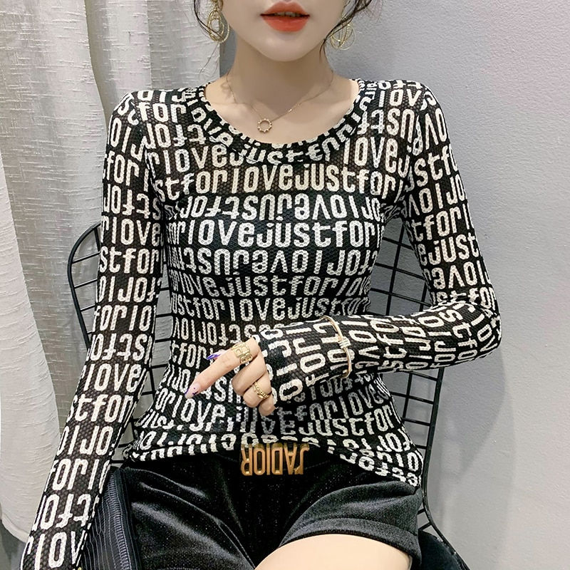 Thumbnail: Printed Letters Long Sleeve Stretchy Turtleneck Top