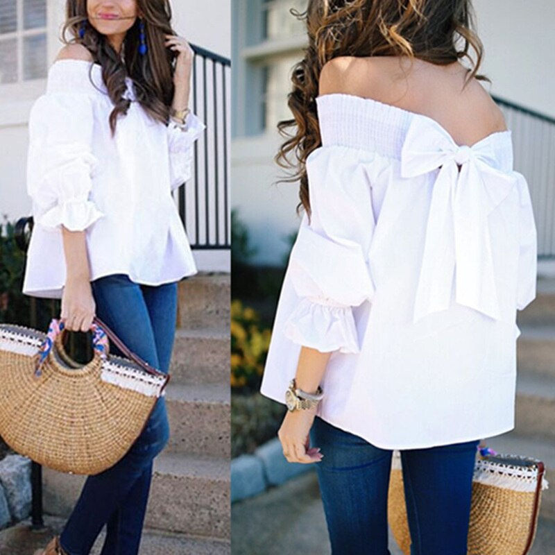 Loose Off Shoulder Bowknot Slash Blouse