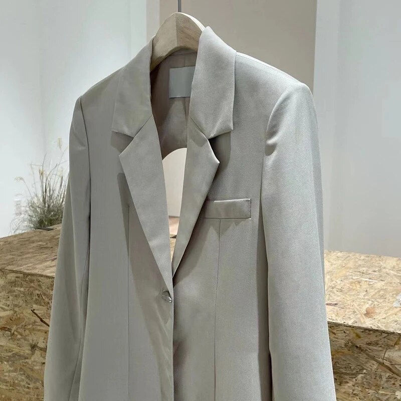 Thumbnail:  Backless Notched Long Sleeve Solid Long Blazer/Jacket