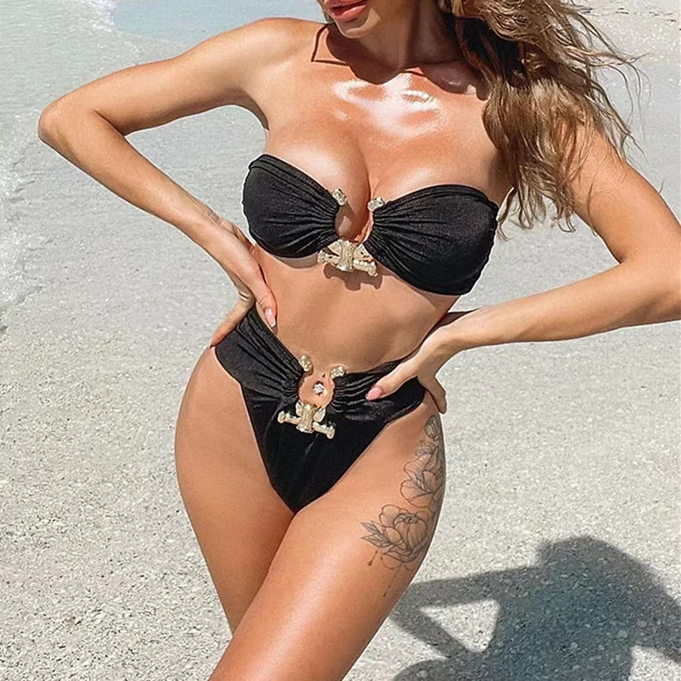 Metal Embellished Push Up Padded Bandeau Bikini with High Cut Bottom