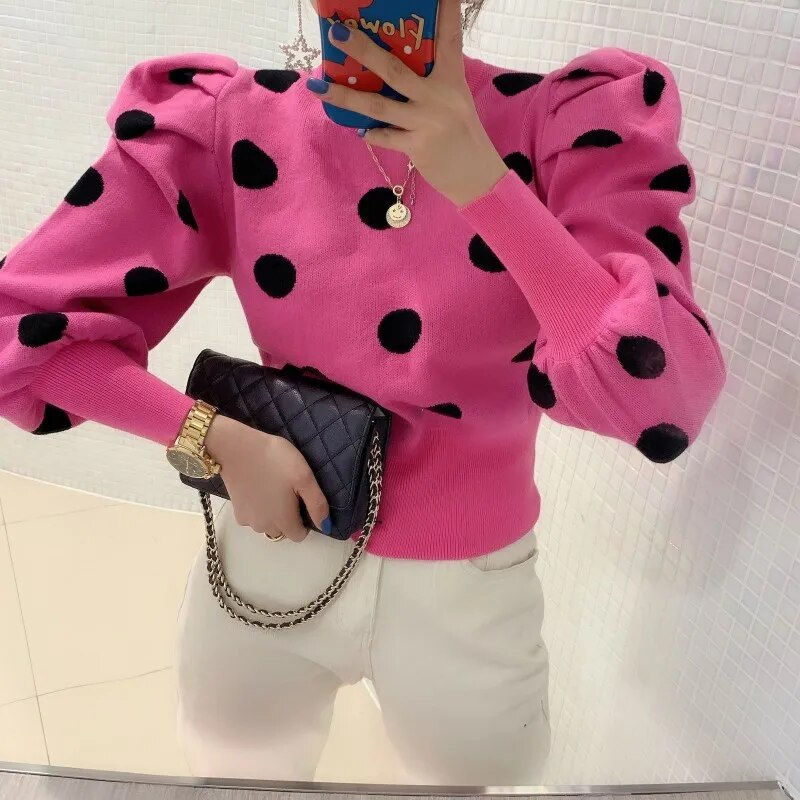 Puff Sleeve Women Pullover Polka Dot Knitted O-Neck Sweater