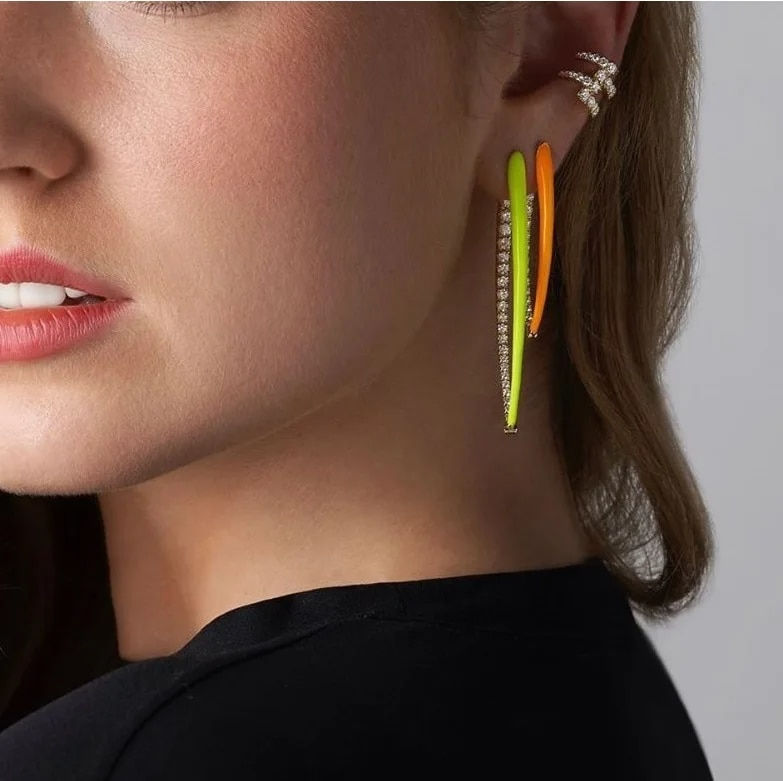 Thumbnail: Hoop Earrings; pink yellow orange white enamel gold color