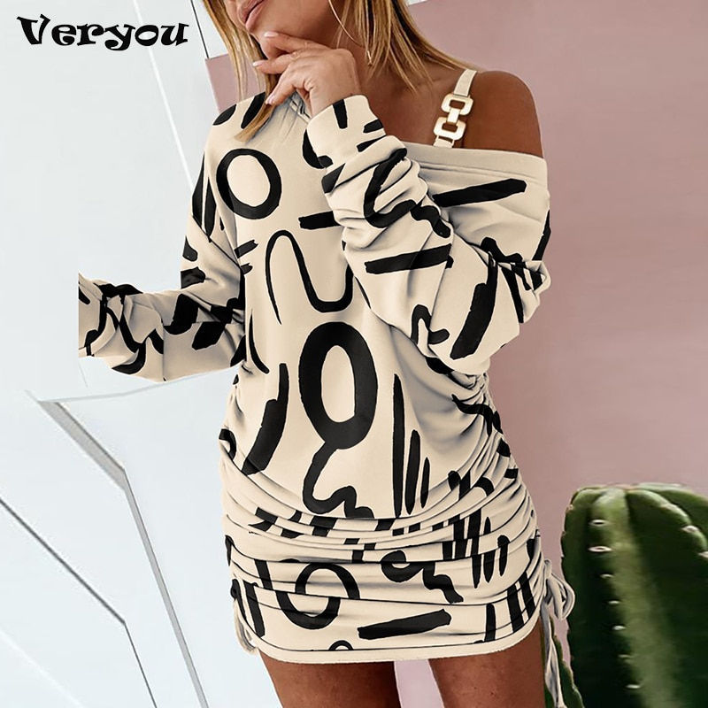 Off Shoulder Long Sleeve Casual Slim Fashion Print Women Dress