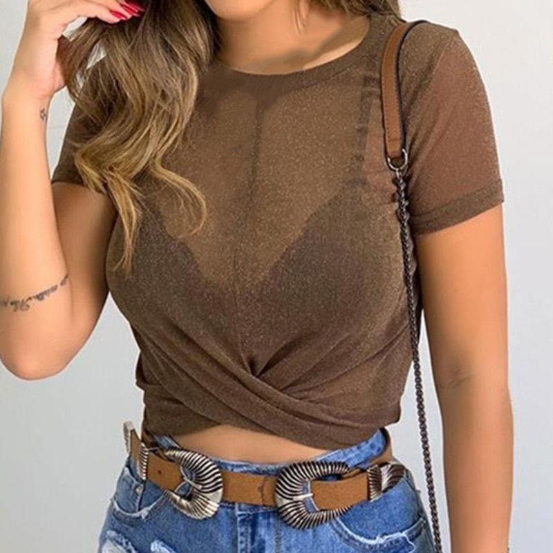 Thumbnail: See Through Mesh Blouse Short Sleeve Shining Tops