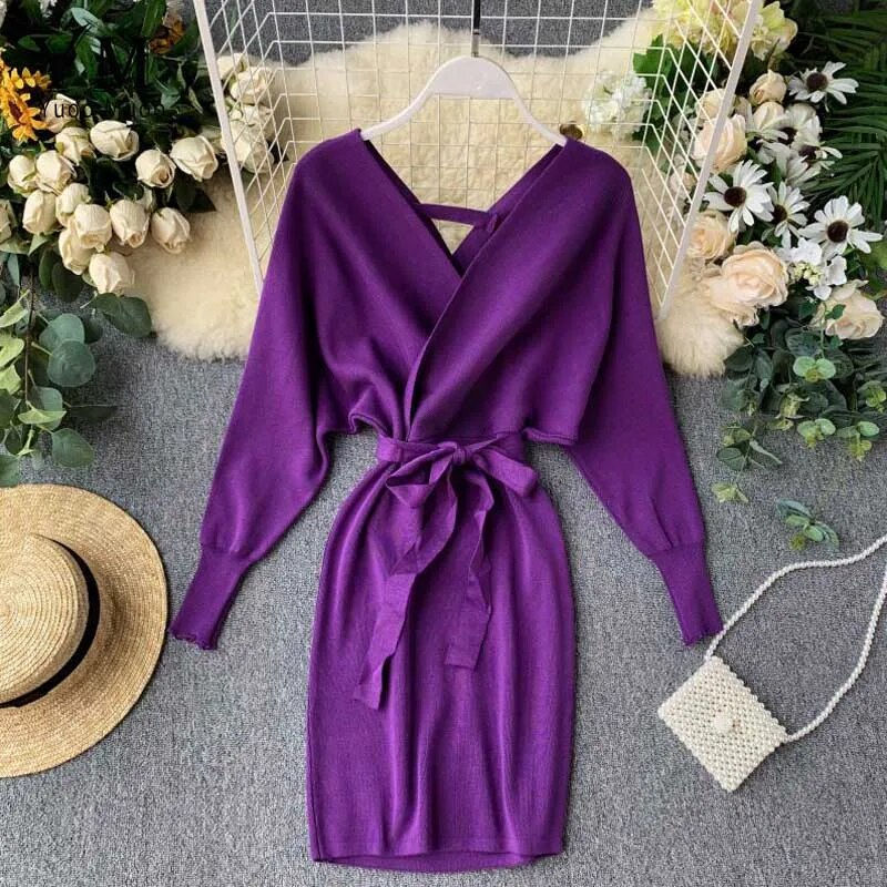Thumbnail:  Knitted Long Batwing Sleeve V Neck Sweater Dress 