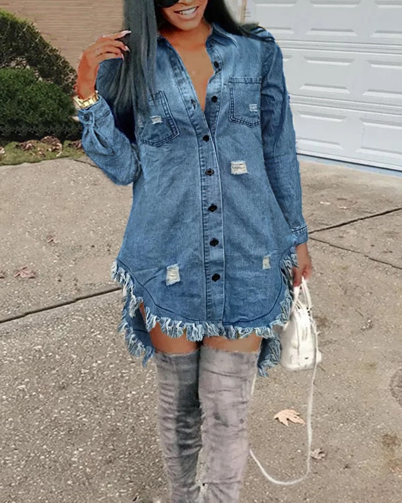 Ripped Raw Hem Asymmetrical Single Breasted Button Denim Dress