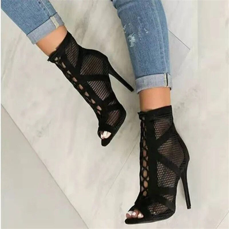 Thumbnail: Black Net Fabric Cross Strap Sexy Lace-up Peep Toe High Heel 