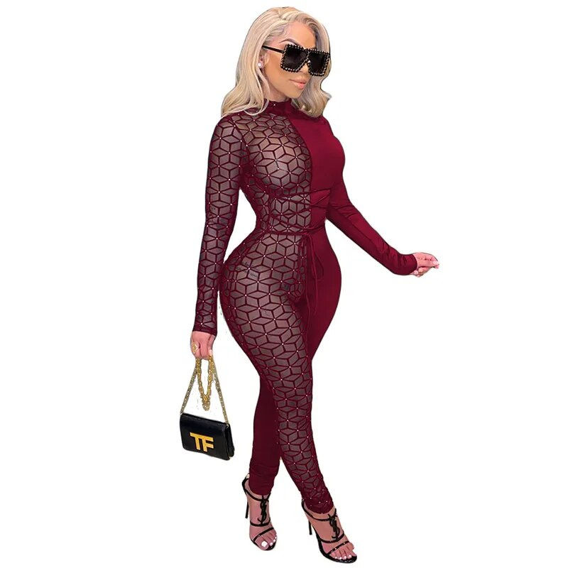 Thumbnail: Sexy Bodycon Long Sleeve Patchwork Printed Jumpsuit 