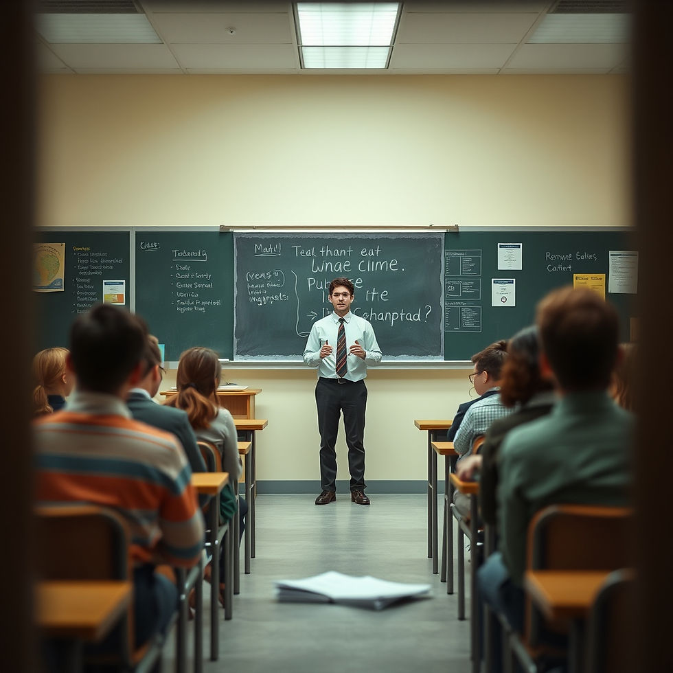 Friendly substitute teacher in a classroom, wide angle