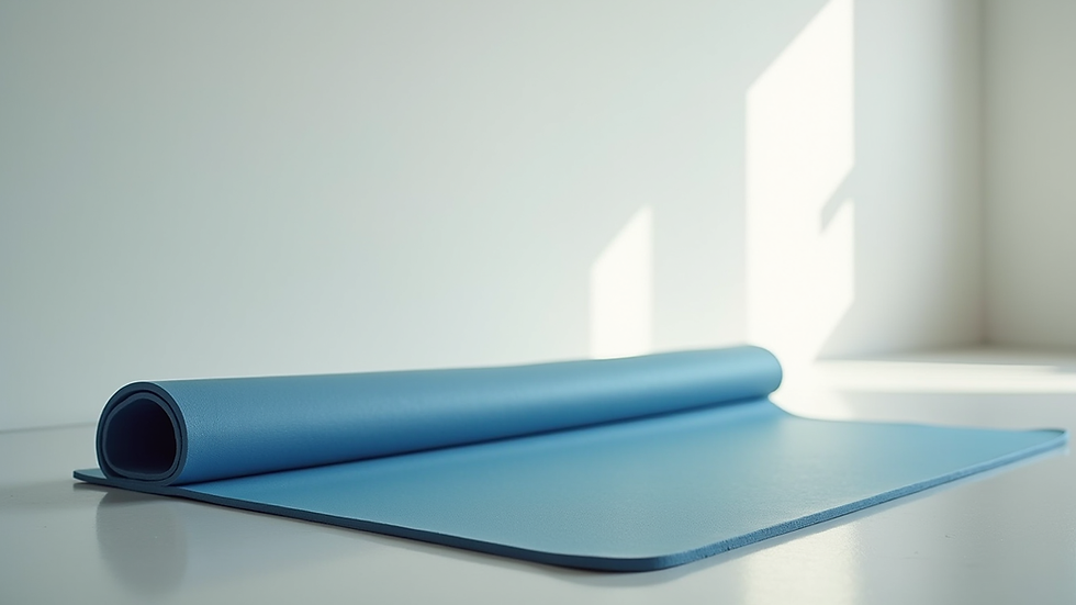 Eye-level view of a portable workout mat laid out in a bright studio