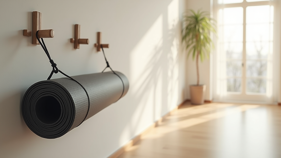 Eye-level view of a Pilates mat hanging on a wall hook in a bright room